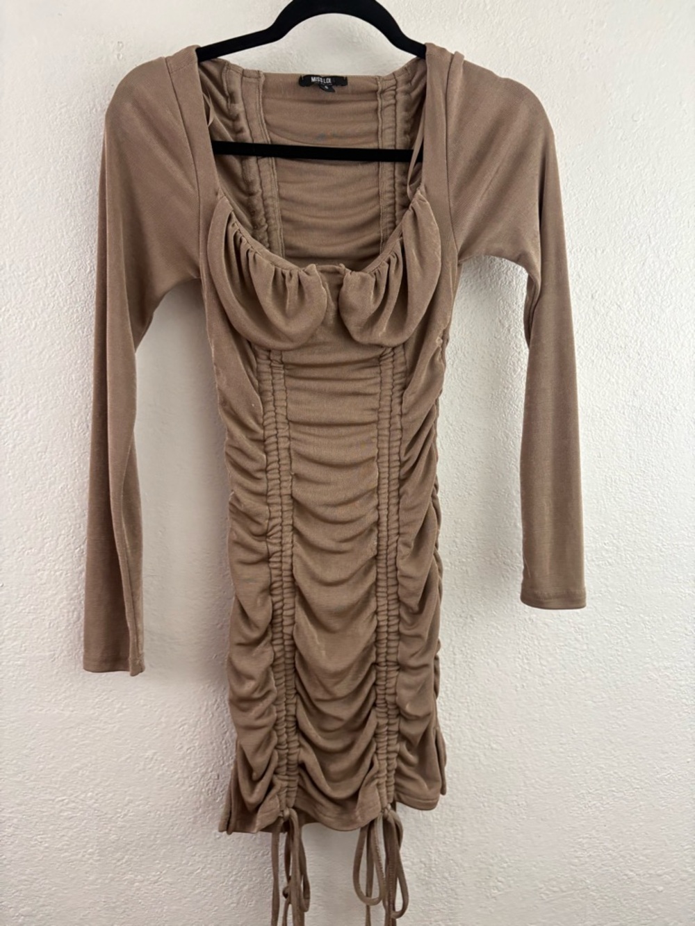 Miss Lola ruched long-sleeve mini dress in a mocha color size S